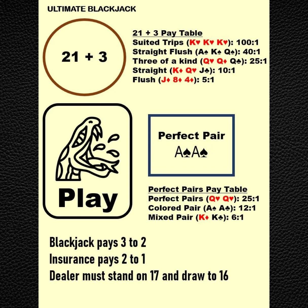 Blackjack Casino Layout Mat - Side Bet Payout, Laminated A4
